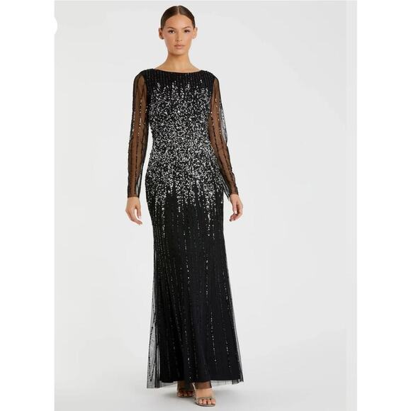 B69 Mac Duggal Long Gown Womens 6 Sequined Glam Formal  Modest Elegant Sparkly - Picture 2 of 10
